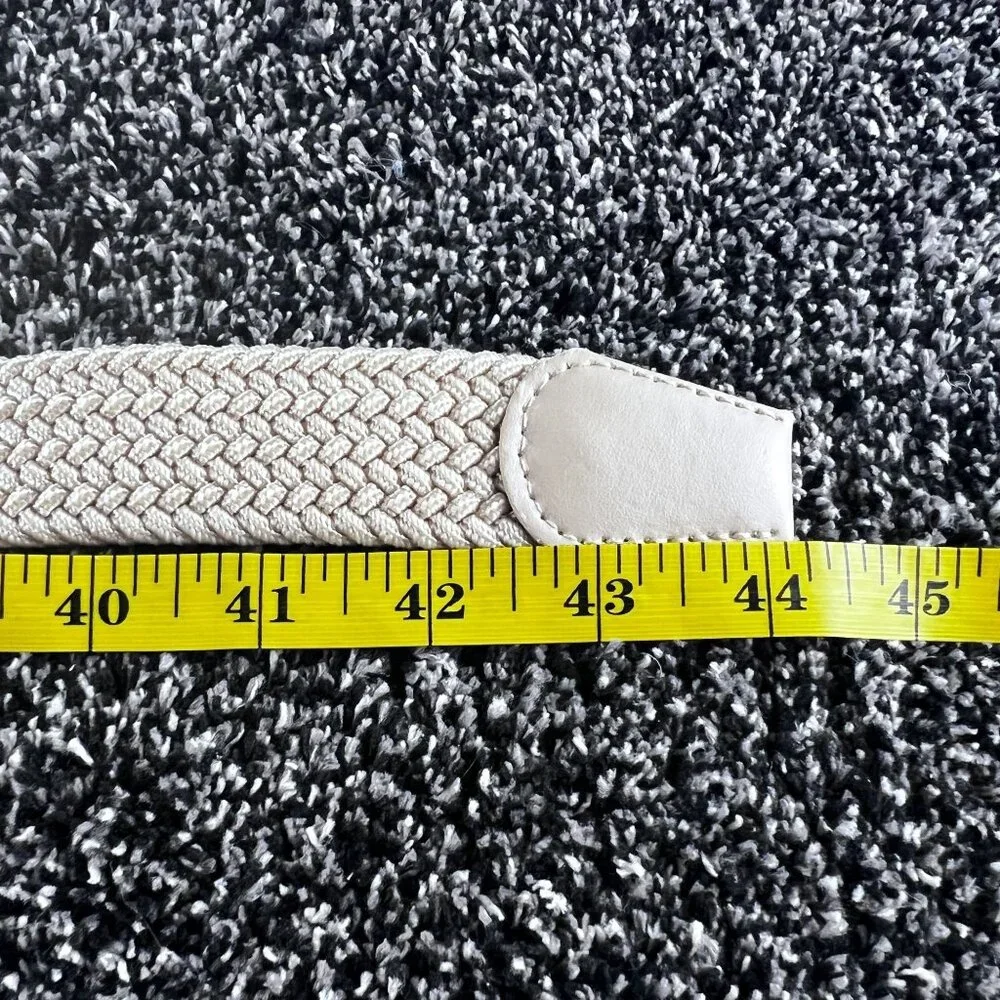 Mens Braided Beige Elastic Woven Golf Belt Faux Leather Accents Silver Buckle 43